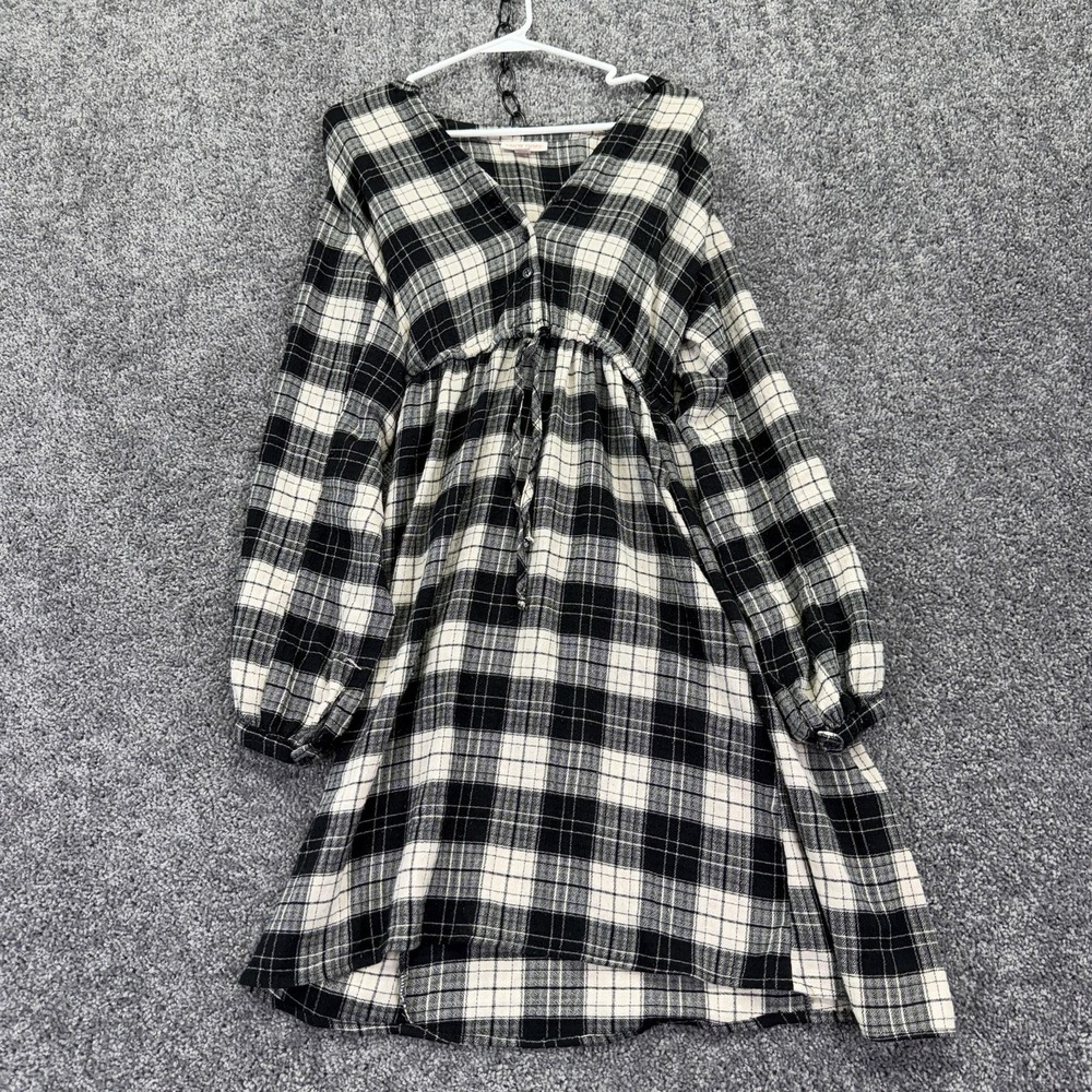 Knox Rose Shirt Dress Womens Small Black Plaid Flannel V Neck Long Sleeve